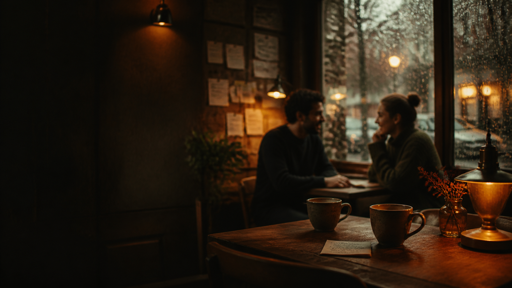 Two people sharing a coffee in a warm café on a rainy afternoon
